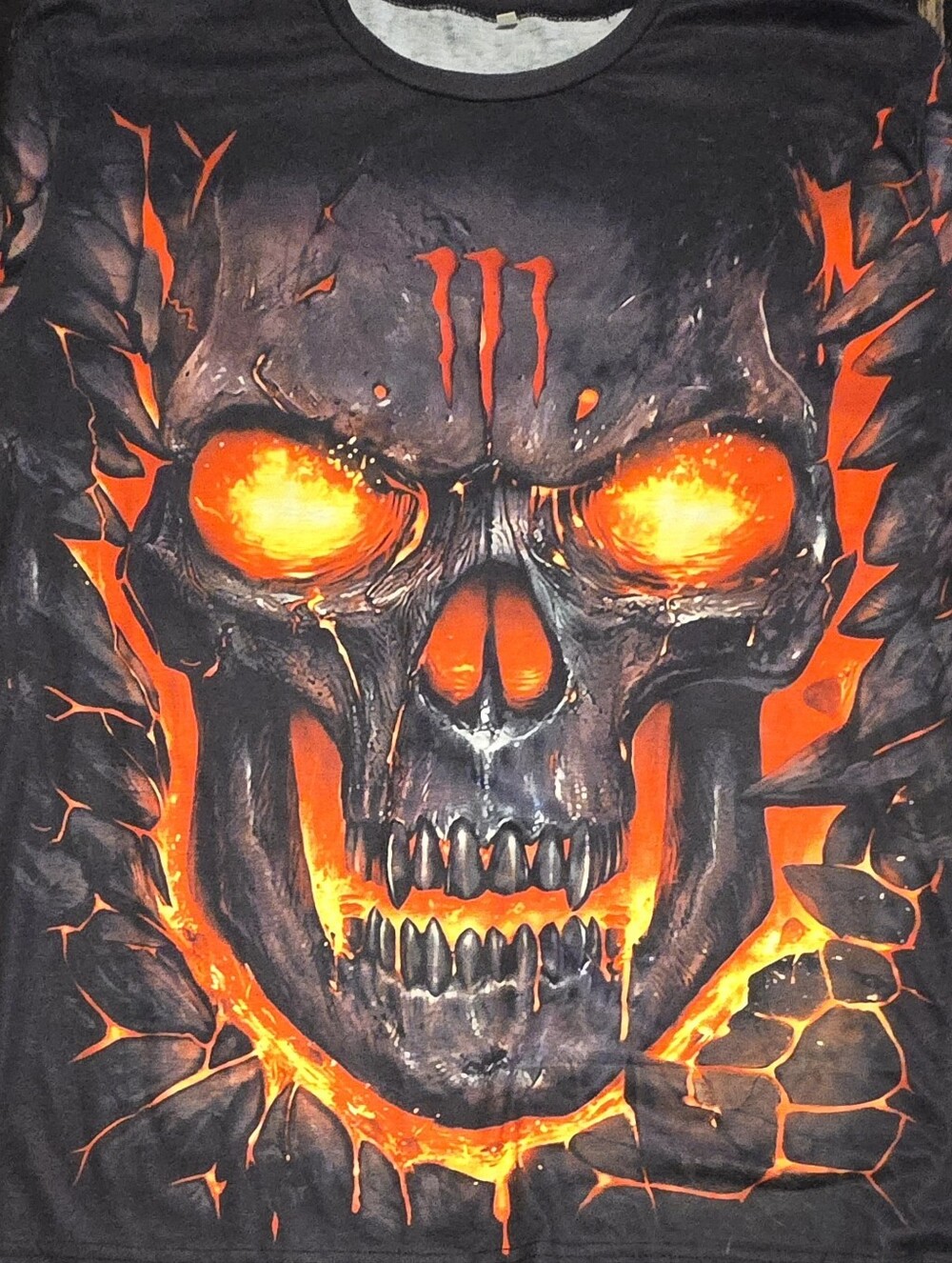 Black Graphic Skull Tee with Fiery Orange Eyes